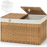  Woven Laundry Hamper with Lid, 105L Large Storage Basket with Removable Washable Liner, Dual Compartments for Clothes, Blankets, Toys & Bedding – Handwoven Rattan Style Organizer Box Model RXKE06-NLM